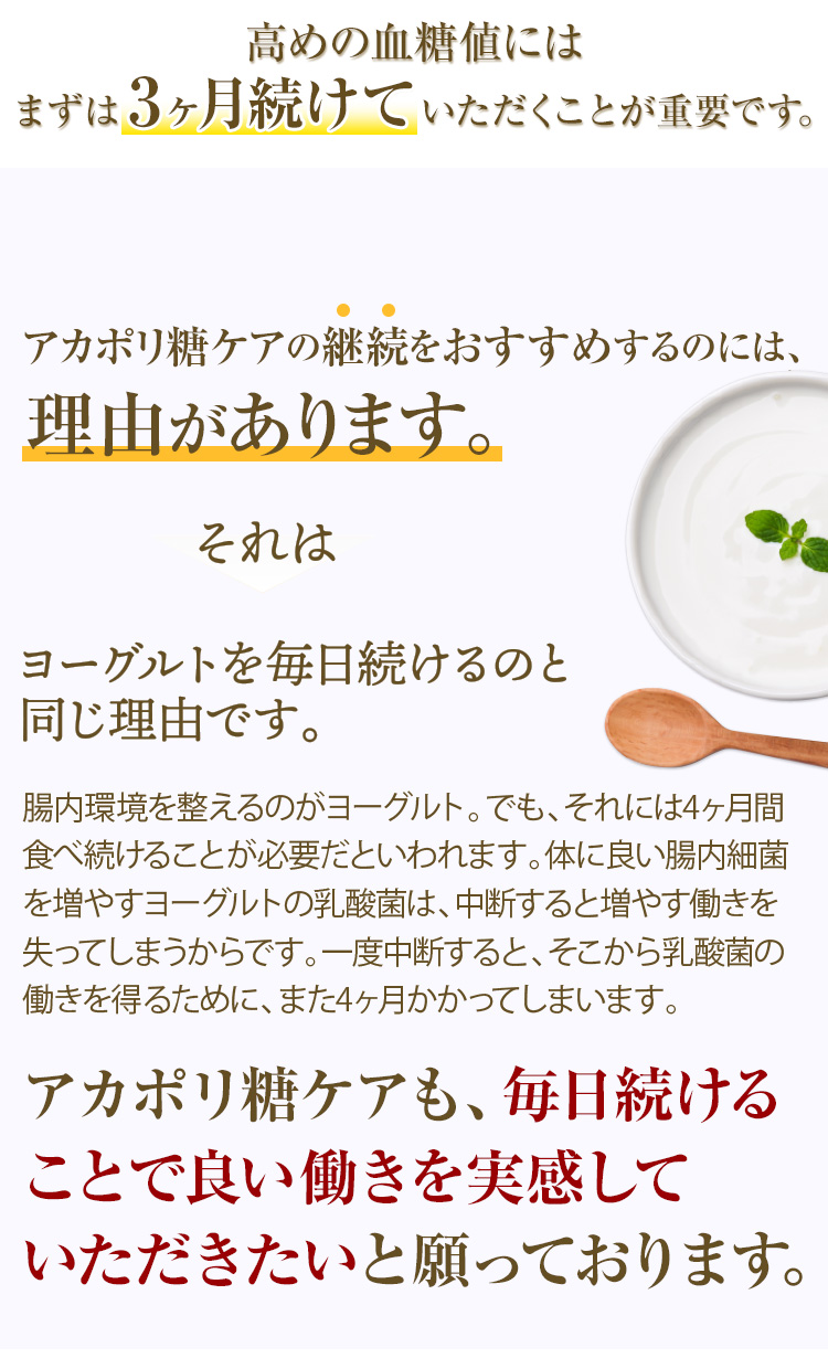 高めの血糖値にはまずは３ヶ月続けていただくことが重要です。