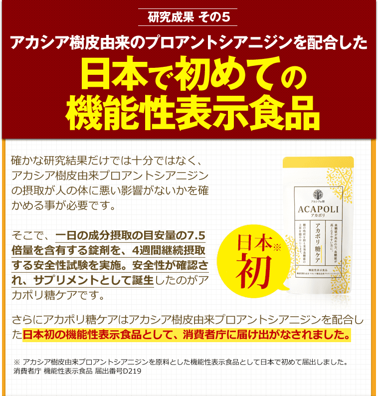 研究成果 その５ アカシア樹皮由来のプロアントシアニジンを配合した日本で初めての機能性表示食品