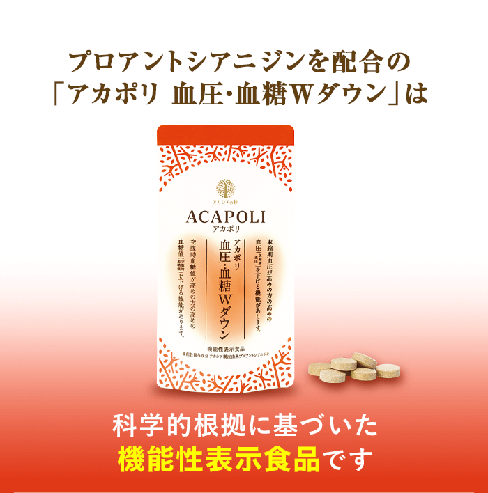 プロアントシアニジンを配合の「アカポリ 血圧・血糖Wダウン」は科学的根拠に基づいた機能性表示食品です