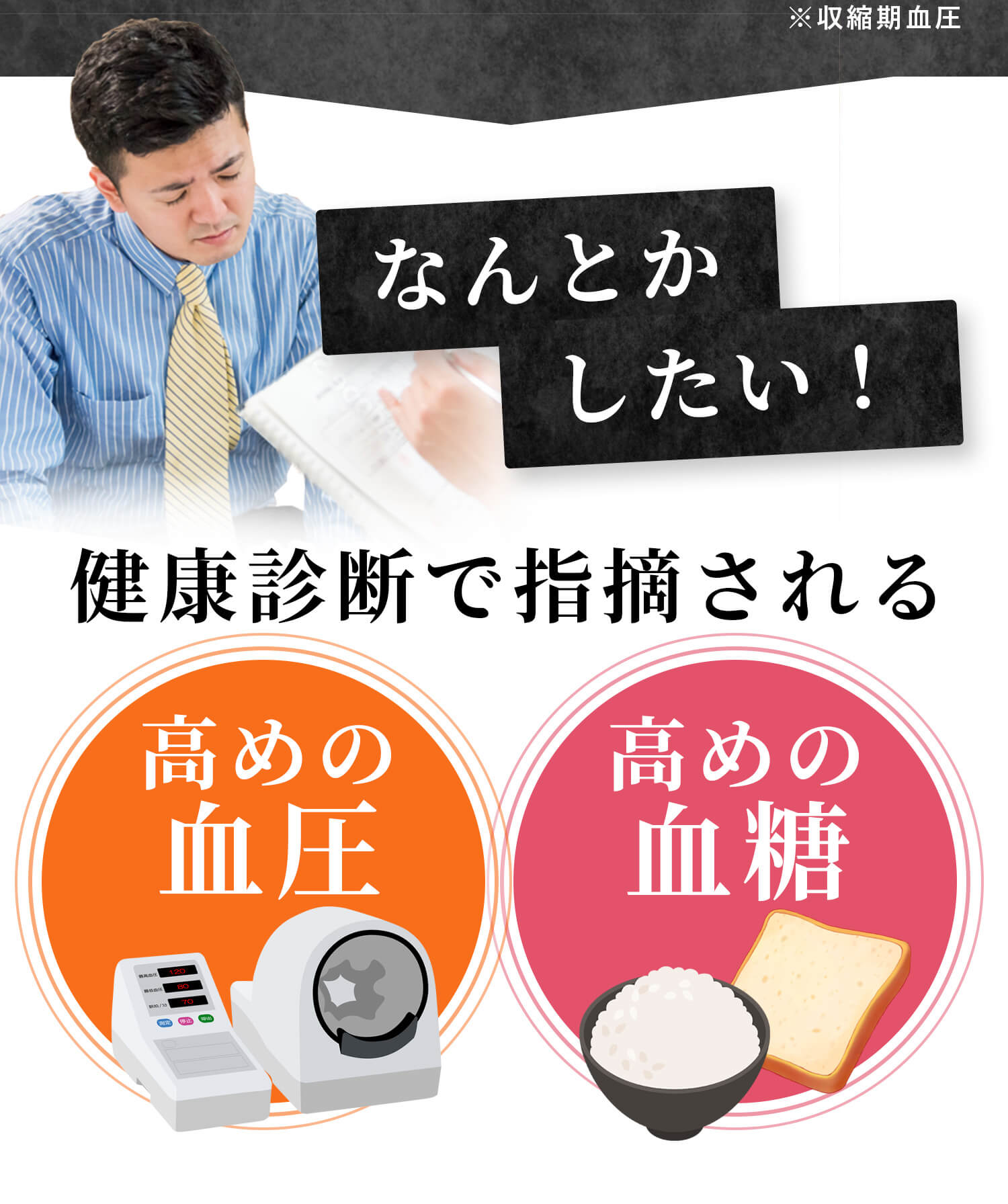 なんとかしたい！・健康診断で指摘される・高血圧・高血糖